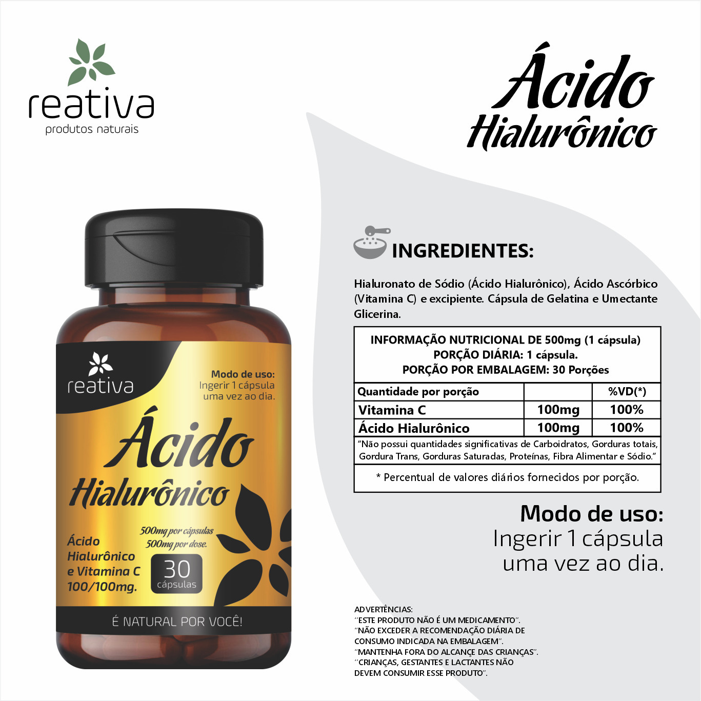 ACIDO HIALURONICO COM VITAMINA C 60CAPS REATIVA