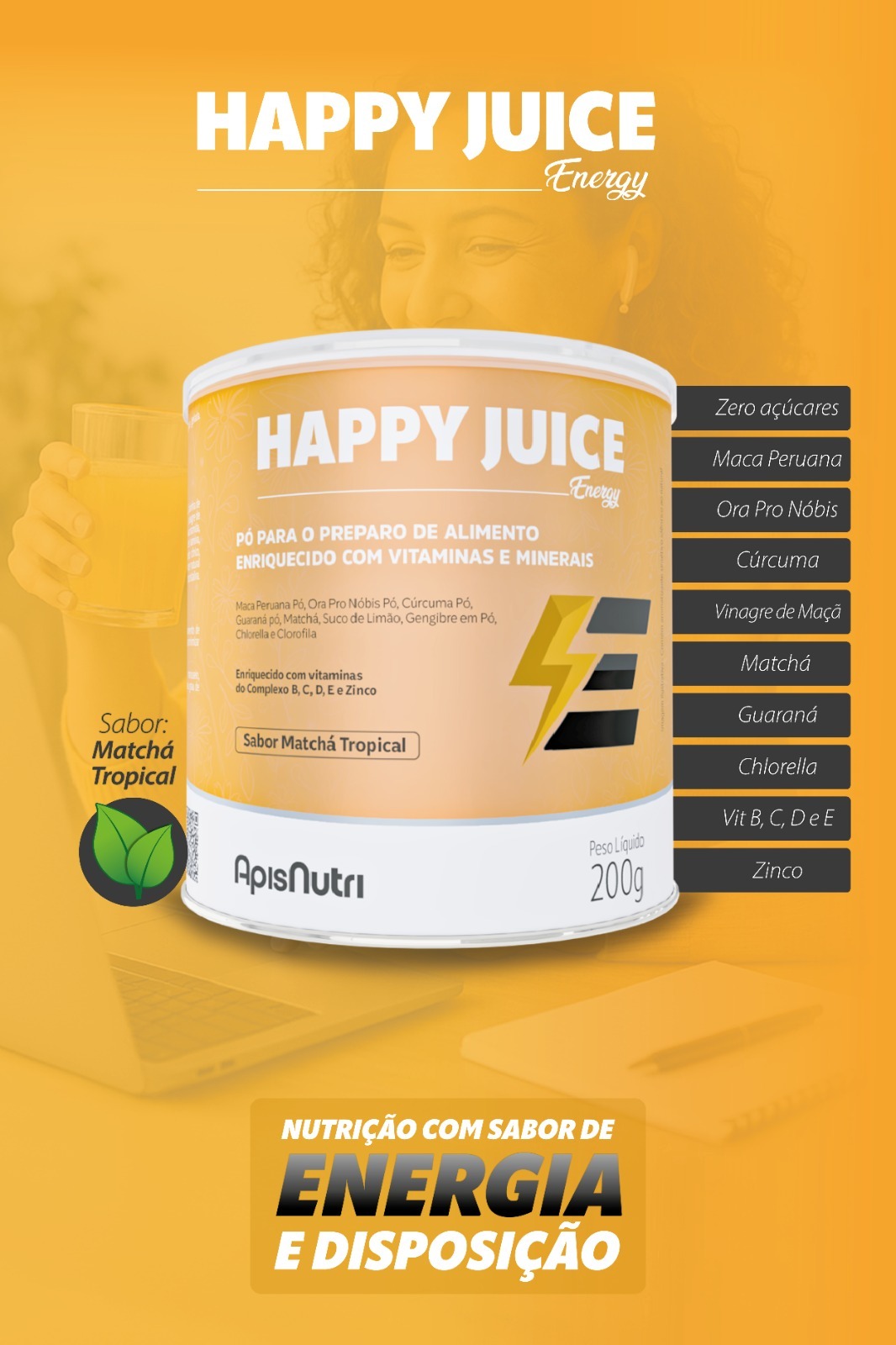 HAPPY JUICE ENERGY SABOR MATCHA TROPICAL 200GR