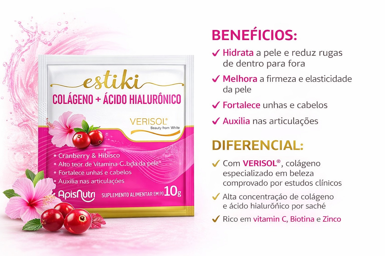 ESTIKI SACHE 20UNI SABOR CRANBERRY E HIBISCO APISNUTRI