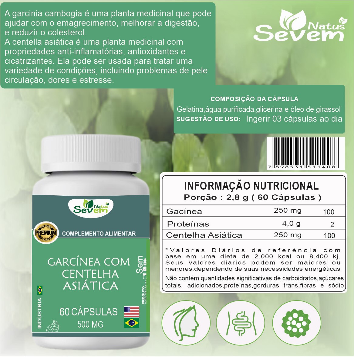 GARCINIA COM CENTELHA ASIATICA 60CAPS SEVEN NATUS